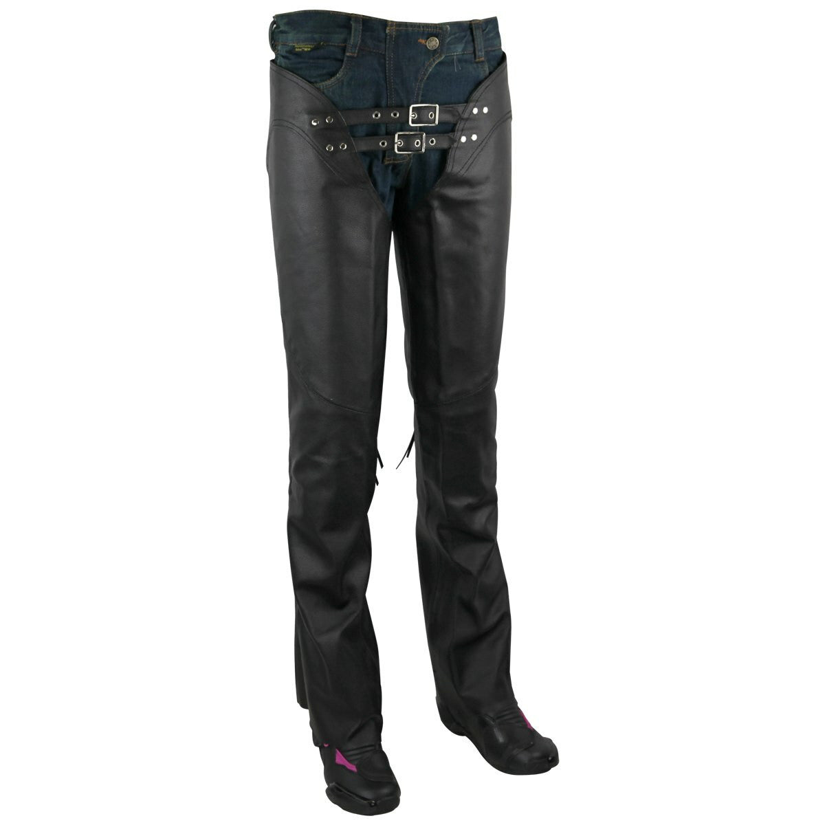 Jafrum LC302 Womens Black Premium Cowhide Low Rise Lady Biker Motorcycle Riding Leather Chaps - Front View