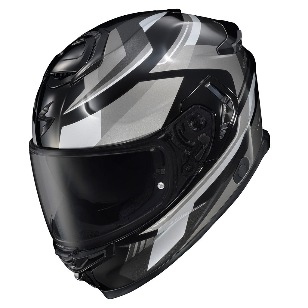 Scorpion-Exo-Apex-Eclipse-Lunar-Full-Face-Motorcycle-Helmet-White-Black-front-side-with-dark-smoke-visor