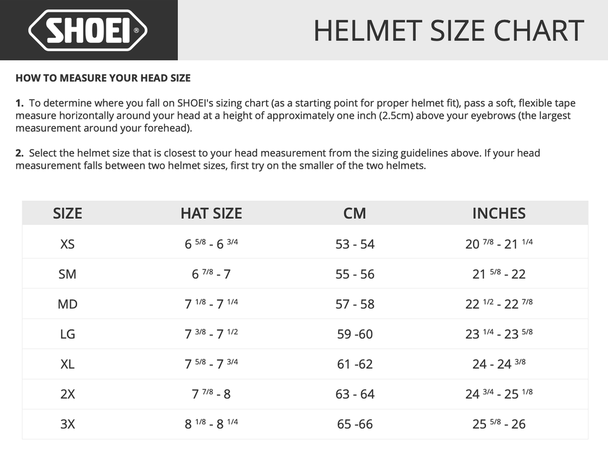 Shoei RJ Platinum-LE Low-Rise Helmet - Size & Fit Chart