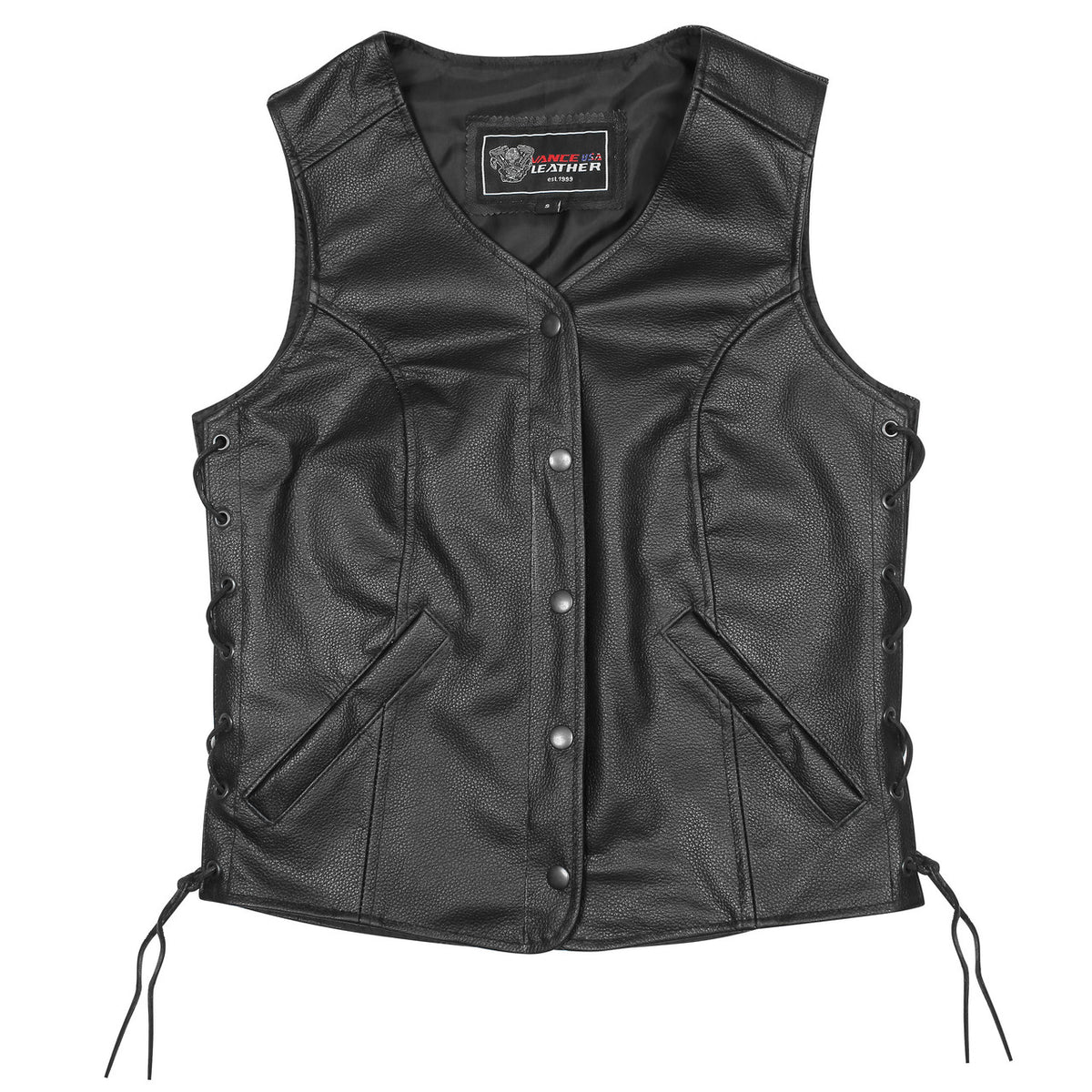 Vance Leather Ladies Economy Leather Five-Snap Lace Side Vest - front - view