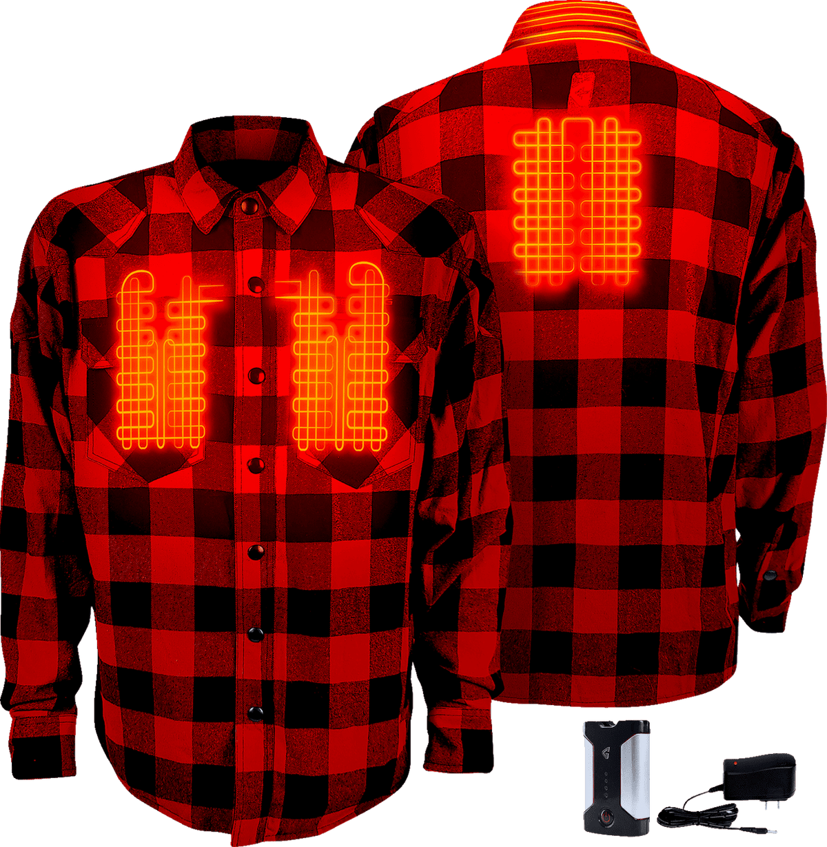 Gerbing Men's 7V Battery Heated Flannel Shirt - Red - Front and Back