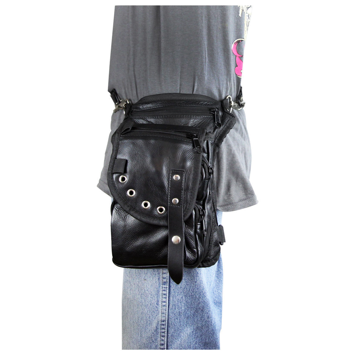 Vance VA564 Men and Women Black Leather Multi-Function Concealed Carry Biker Motorcycle Drop Leg Fanny Pack Thigh Bag