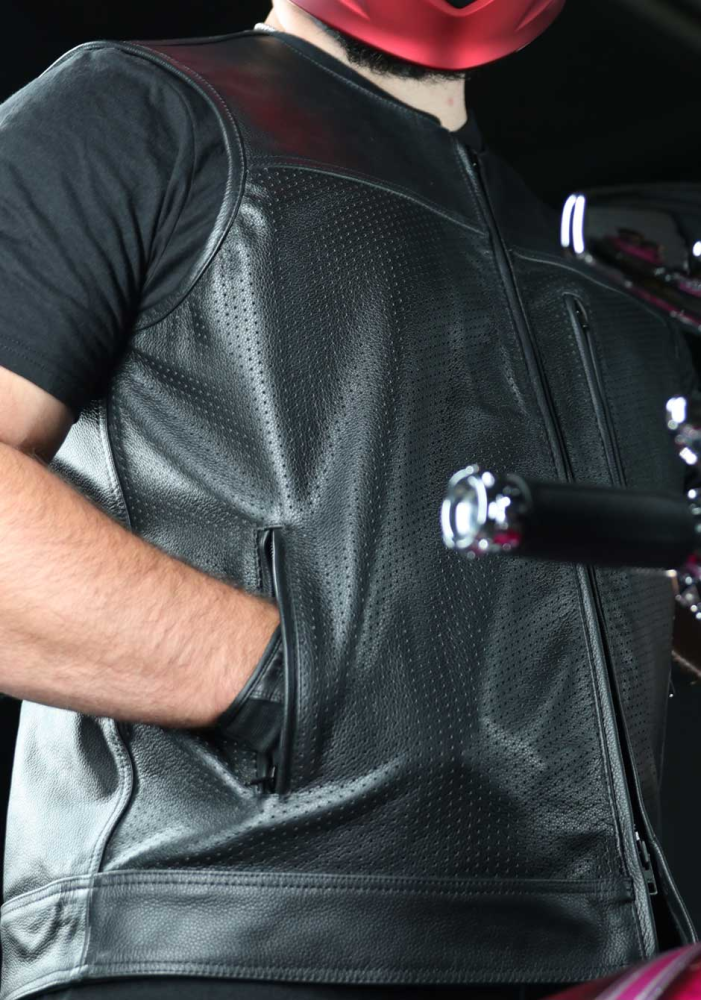 Z1R Men's Patriot perforated Leather Motorcycle Vest - pockets