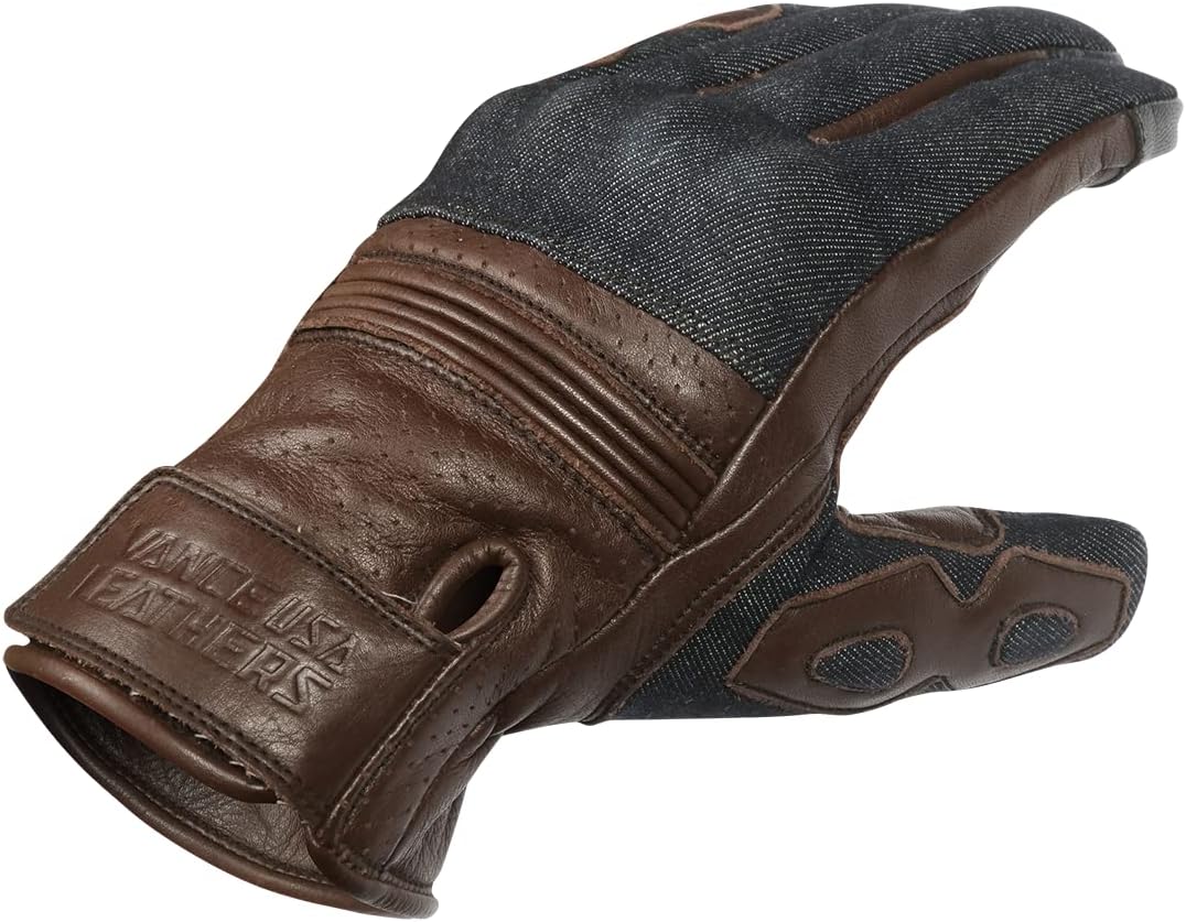 Vance Denim & Leather Motorcycle Gloves (Brown) with Touchscreen Capability