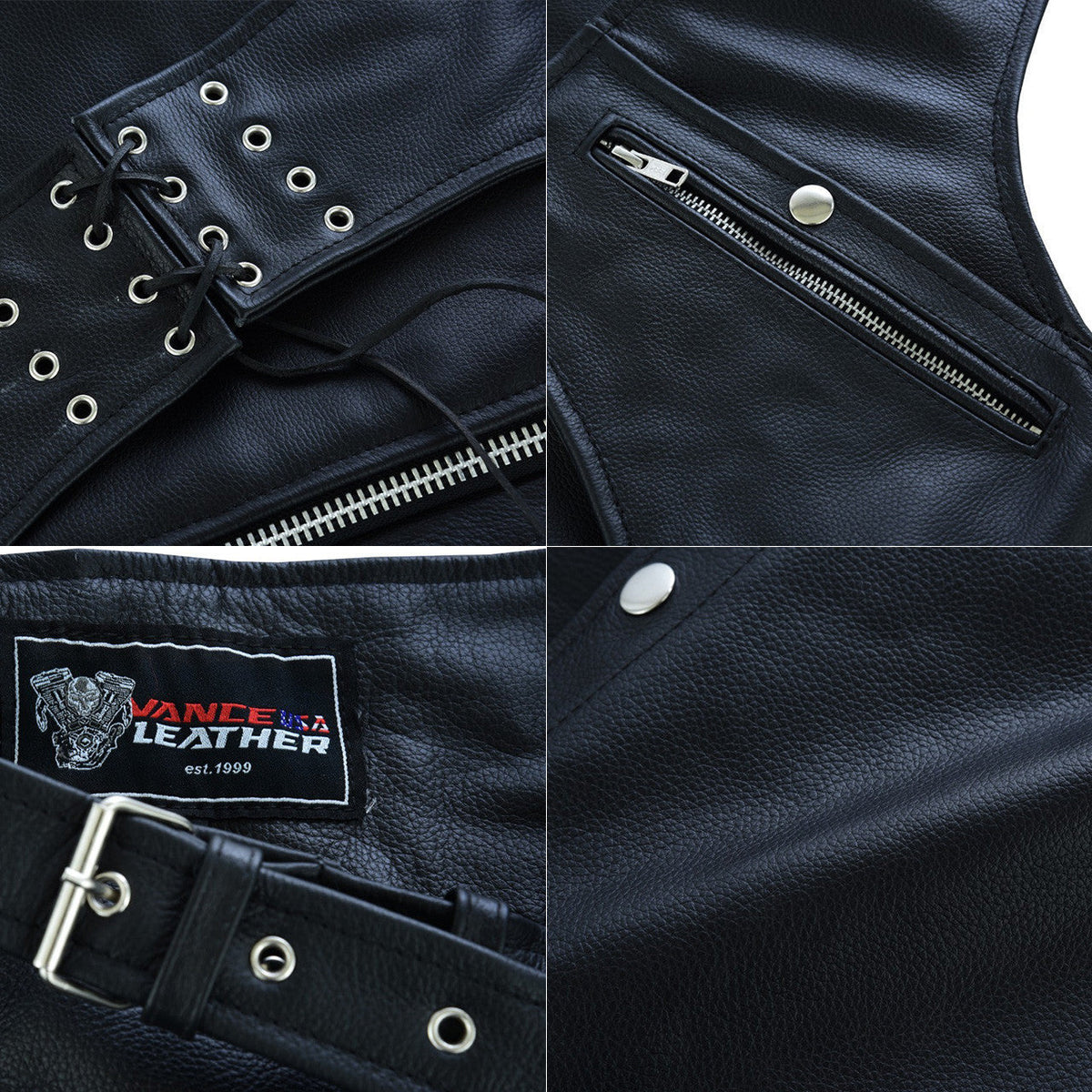 Vance Leather VL811S Men and Women Black Four Pocket Biker Leather Motorcycle Chaps