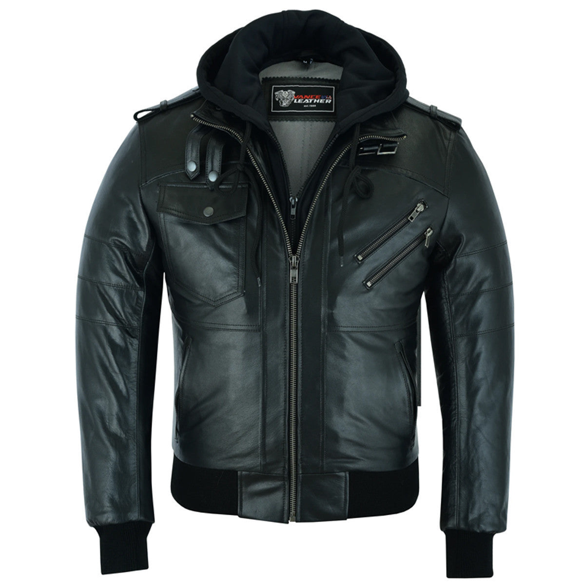 Vance Leather VL551B Men's Sven Bomber Black Waxed Premium Cowhide Motorcycle Leather Jacket with Removeable Hood - front