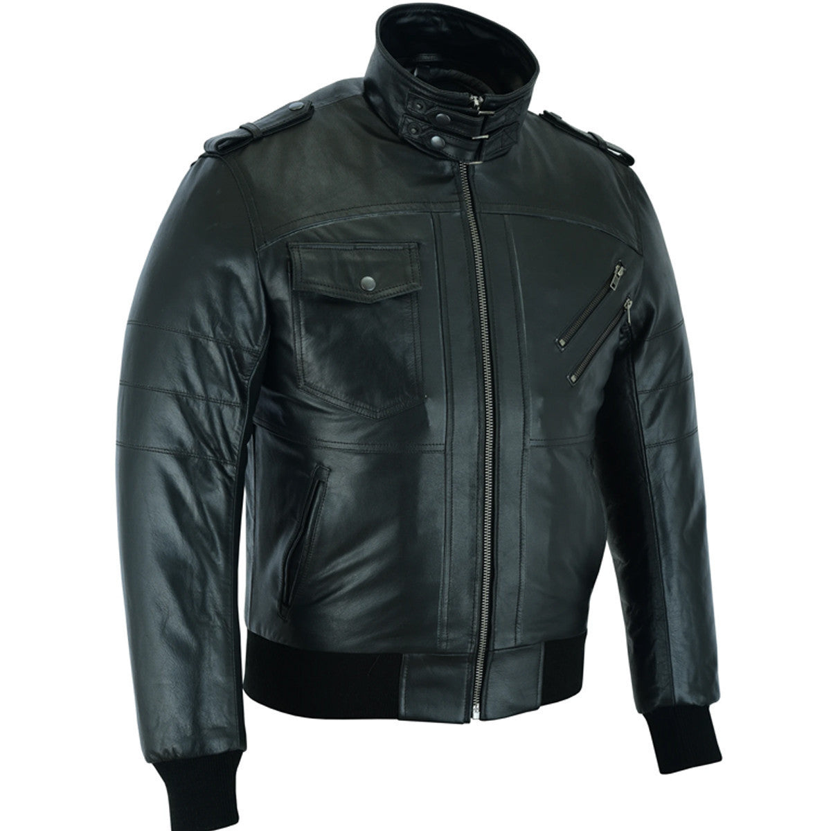Vance Leather VL551B Men's Sven Bomber Black Waxed Premium Cowhide Motorcycle Leather Jacket with Removeable Hood - side