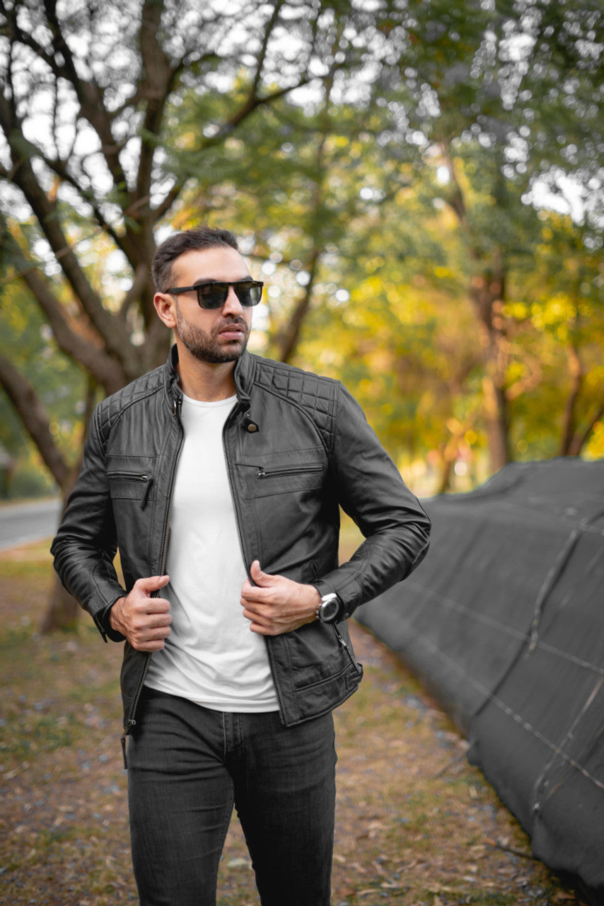 VL550B Vance Leather Men's Cafe Racer Gatsby Black Waxed Lambskin Motorcycle Leather Jacket - Pic