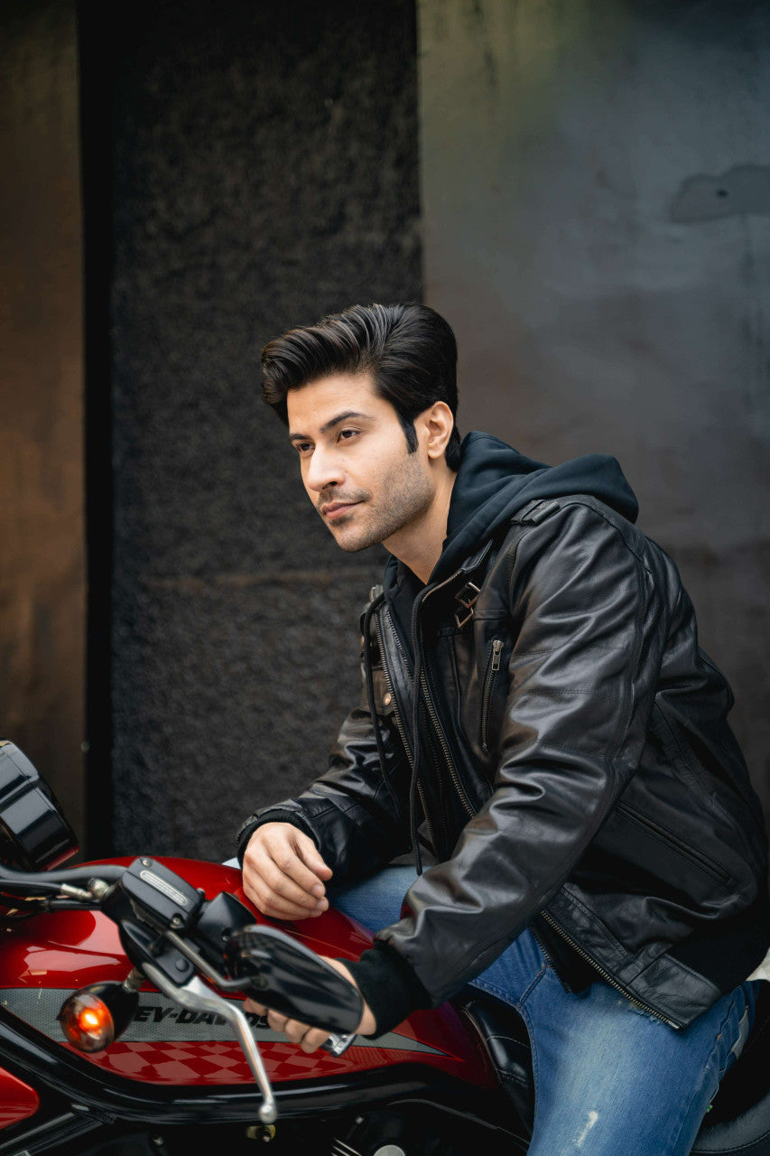 Vance Leather VL551B Men's Sven Bomber Black Waxed Premium Cowhide Motorcycle Leather Jacket with Removeable Hood - pic 1