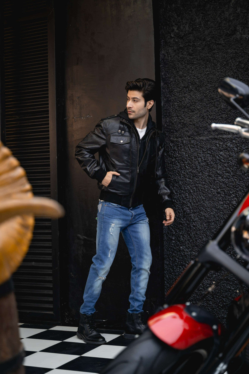 Vance Leather VL551B Men's Sven Bomber Black Waxed Premium Cowhide Motorcycle Leather Jacket with Removeable Hood - pic 3