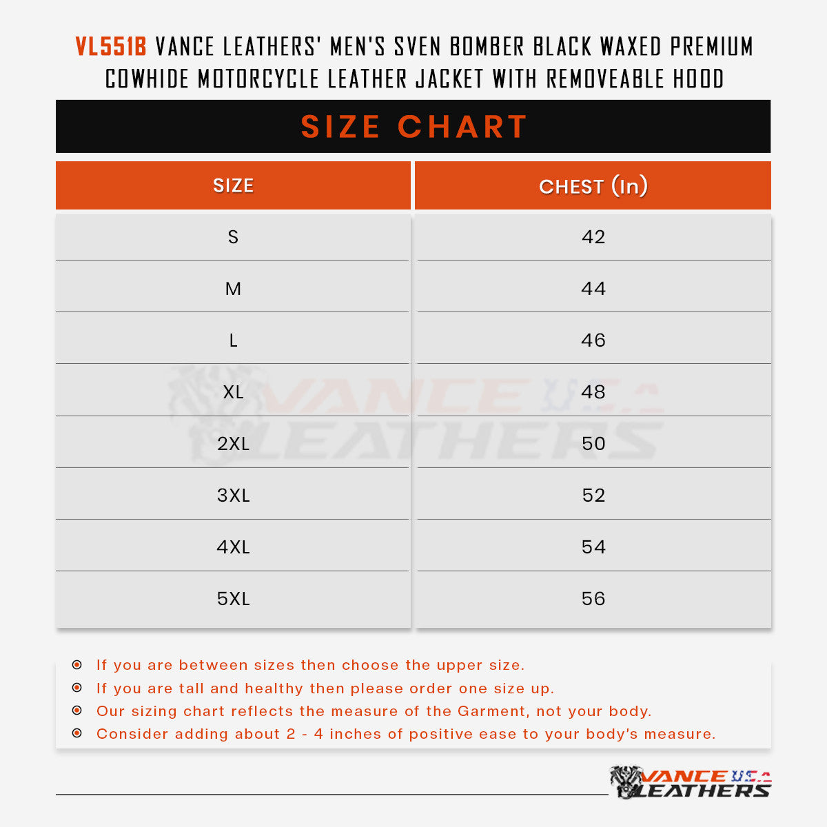 Vance Leather VL551B Men's Sven Bomber Black Waxed Premium Cowhide Motorcycle Leather Jacket with Removeable Hood - Size chart