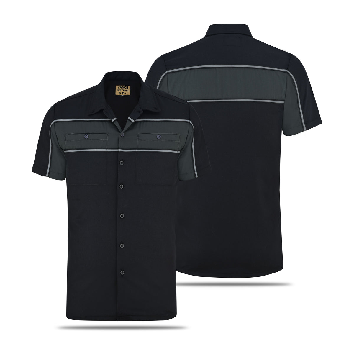 Vance Men's Black Gray Heavy-Duty Button up Mechanic Work Shirt w/ Reflective Strip - front & back