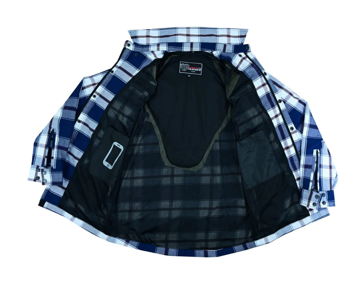 Open blue and white armored flannel riding shirt showing mesh lining and a phone in the interior device pocket.
