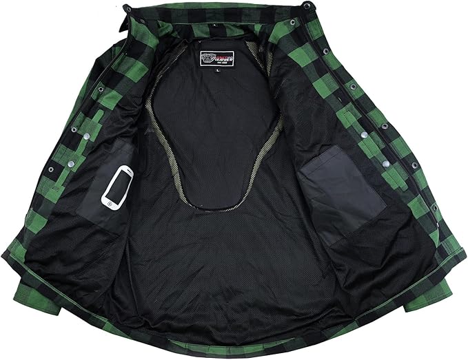 Open green and black armored motorcycle flannel shirt showing mesh lining and interior pockets with a phone.