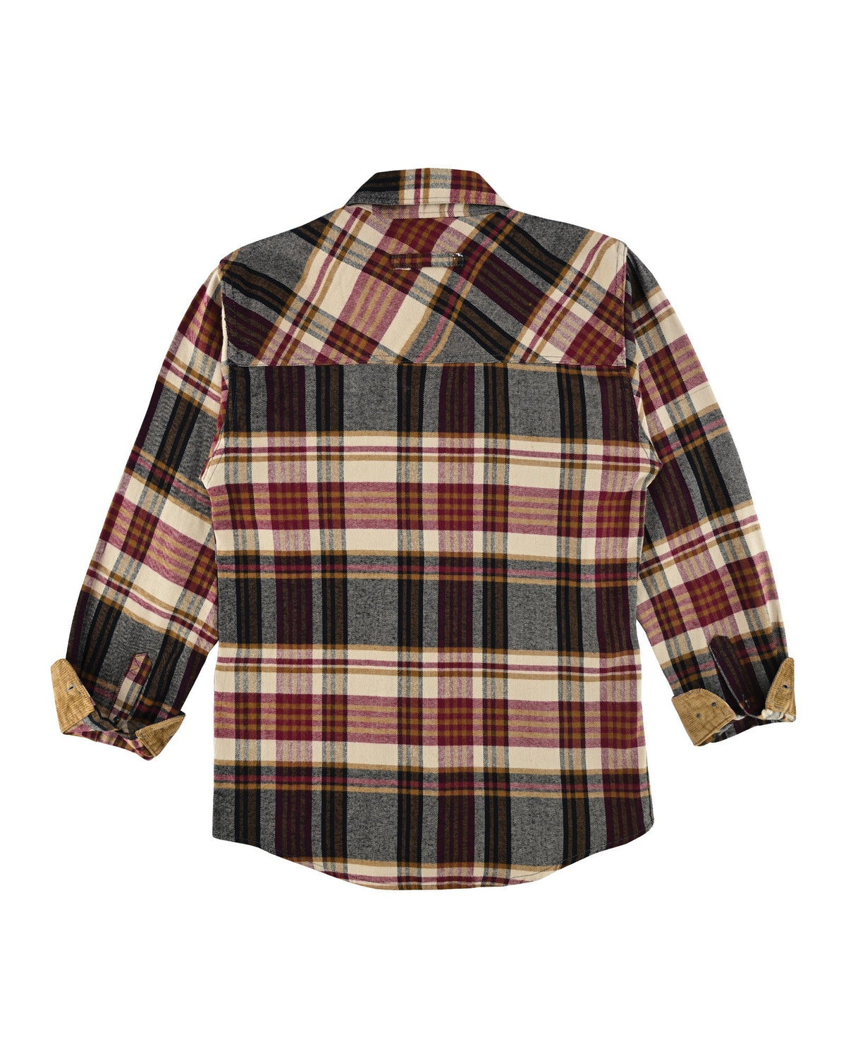 Back of the Cedarwood Plaid flannel shirt laid flat, showing diagonal plaid shoulder yoke and turned-back corduroy cuffs.
