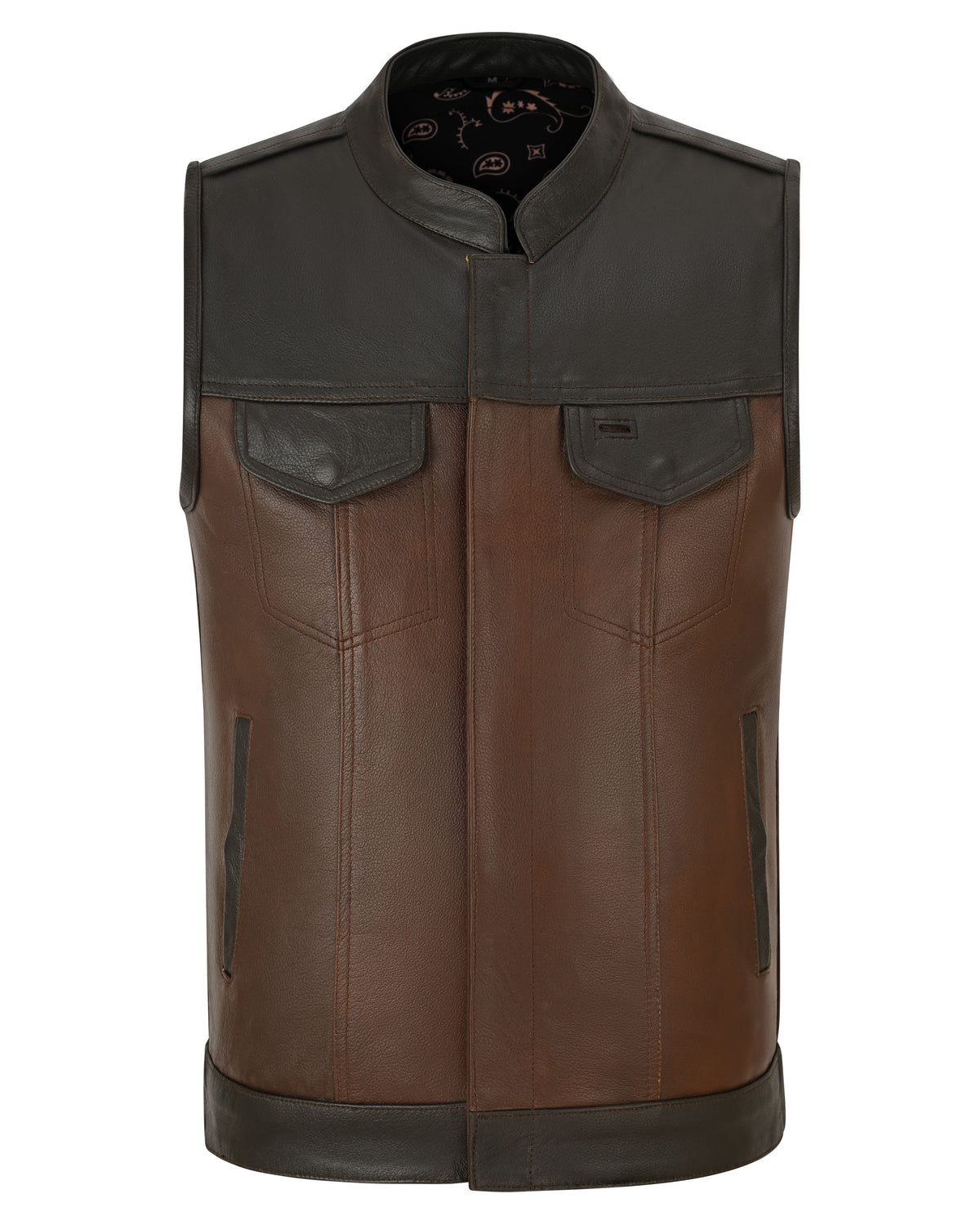 Men's Two-Tone Brown & Black Leather Motorcycle Riding Club Vest with Paisley Liner & CCW Pockets
