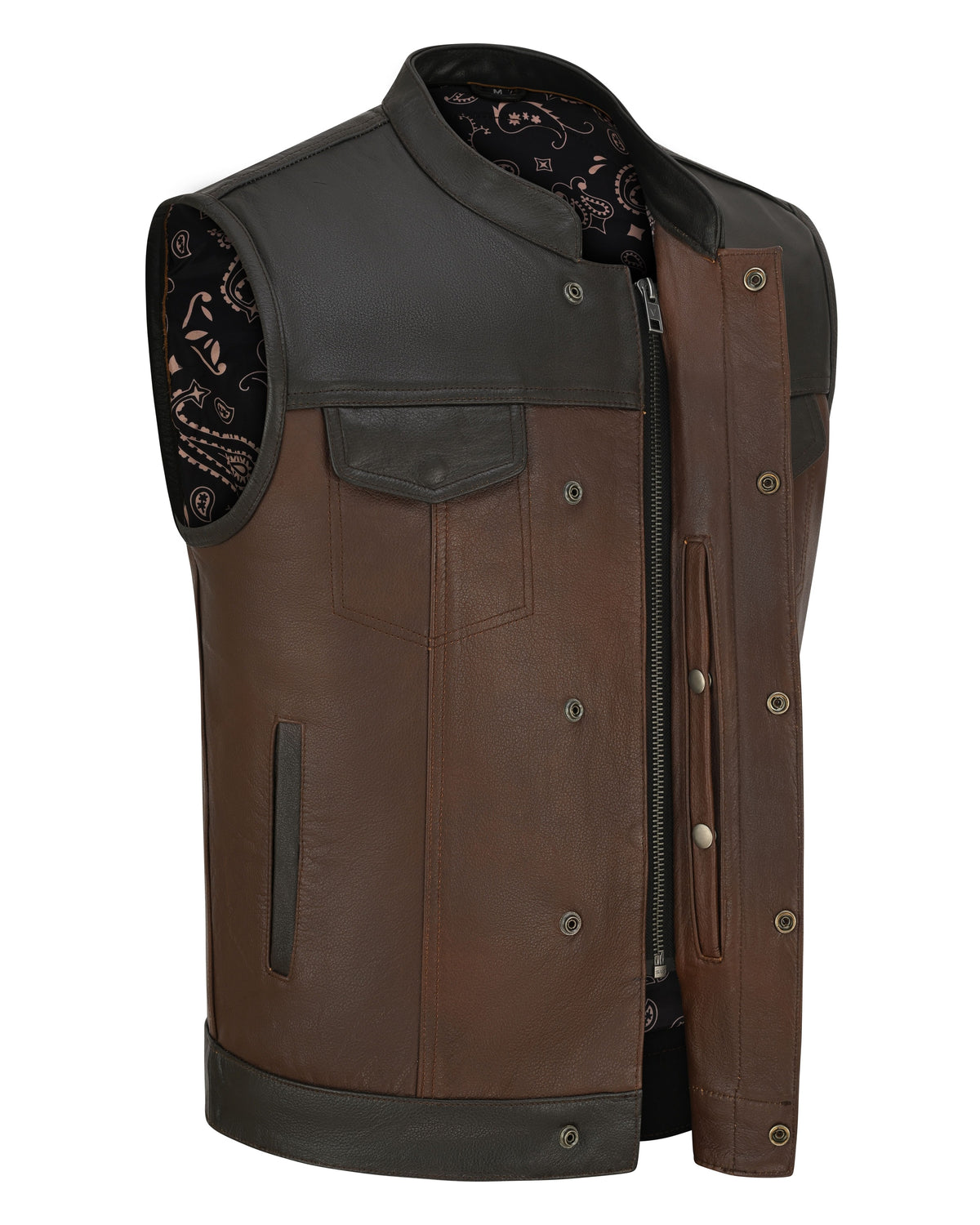Men's Two-Tone Brown & Black Leather Motorcycle Riding Club Vest with Paisley Liner & CCW Pockets