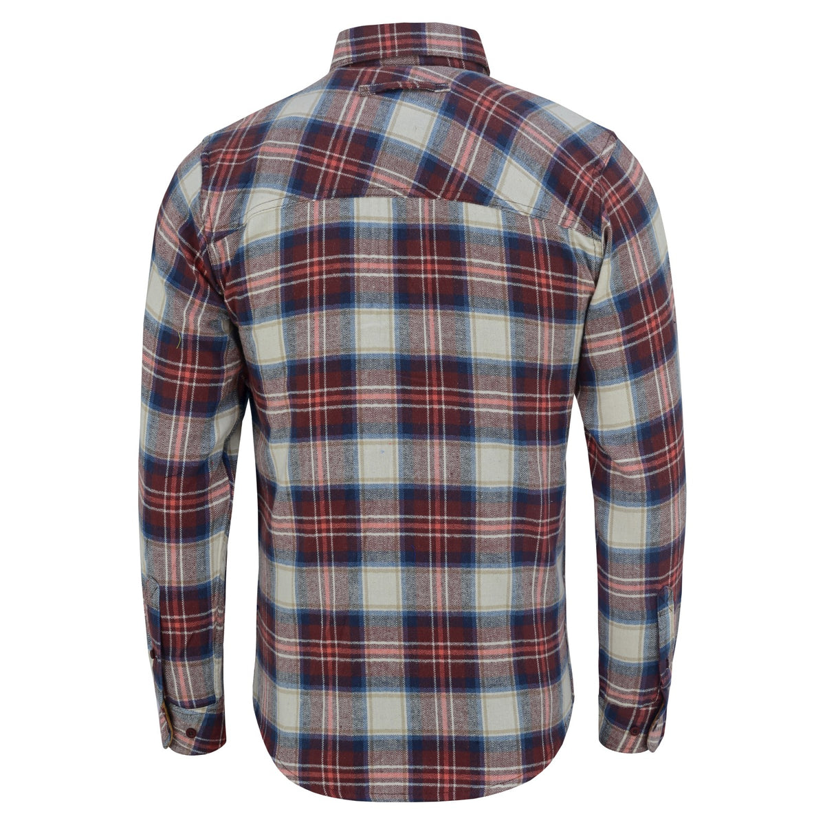 mens-merlot-long-sleeve-plaid-button-down-casual-flannel-shirt-corduroy-collar-cuffs-back-view