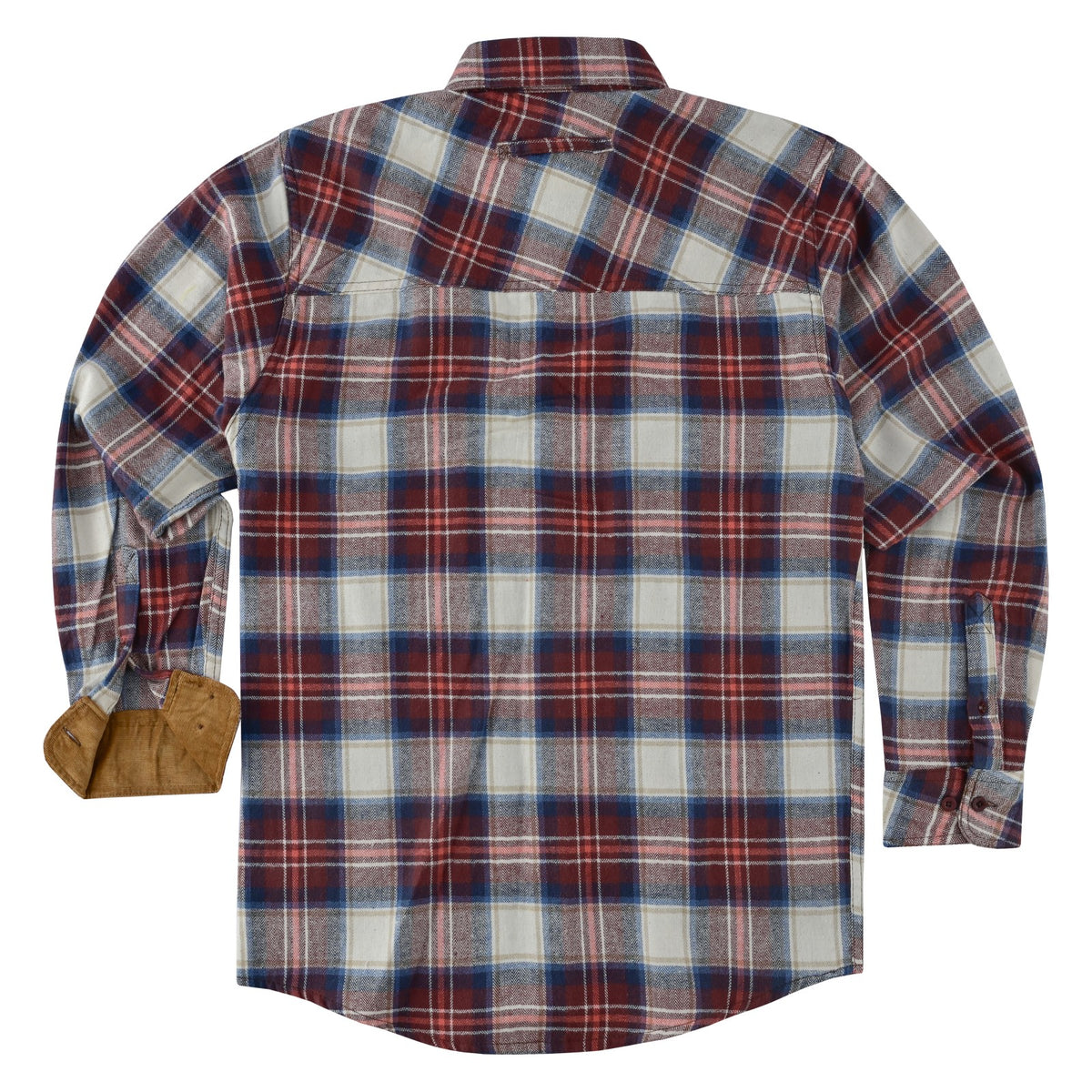 mens-merlot-long-sleeve-plaid-button-down-casual-flannel-shirt-corduroy-collar-cuffs-flat-back-view