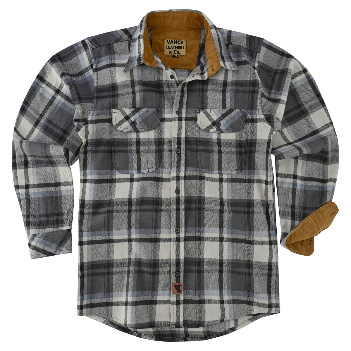 mens-charcoal-checkered-long-sleeve-plaid-button-down-casual-flannel-shirt-corduroy-collar-cuffs-flat-front-view
