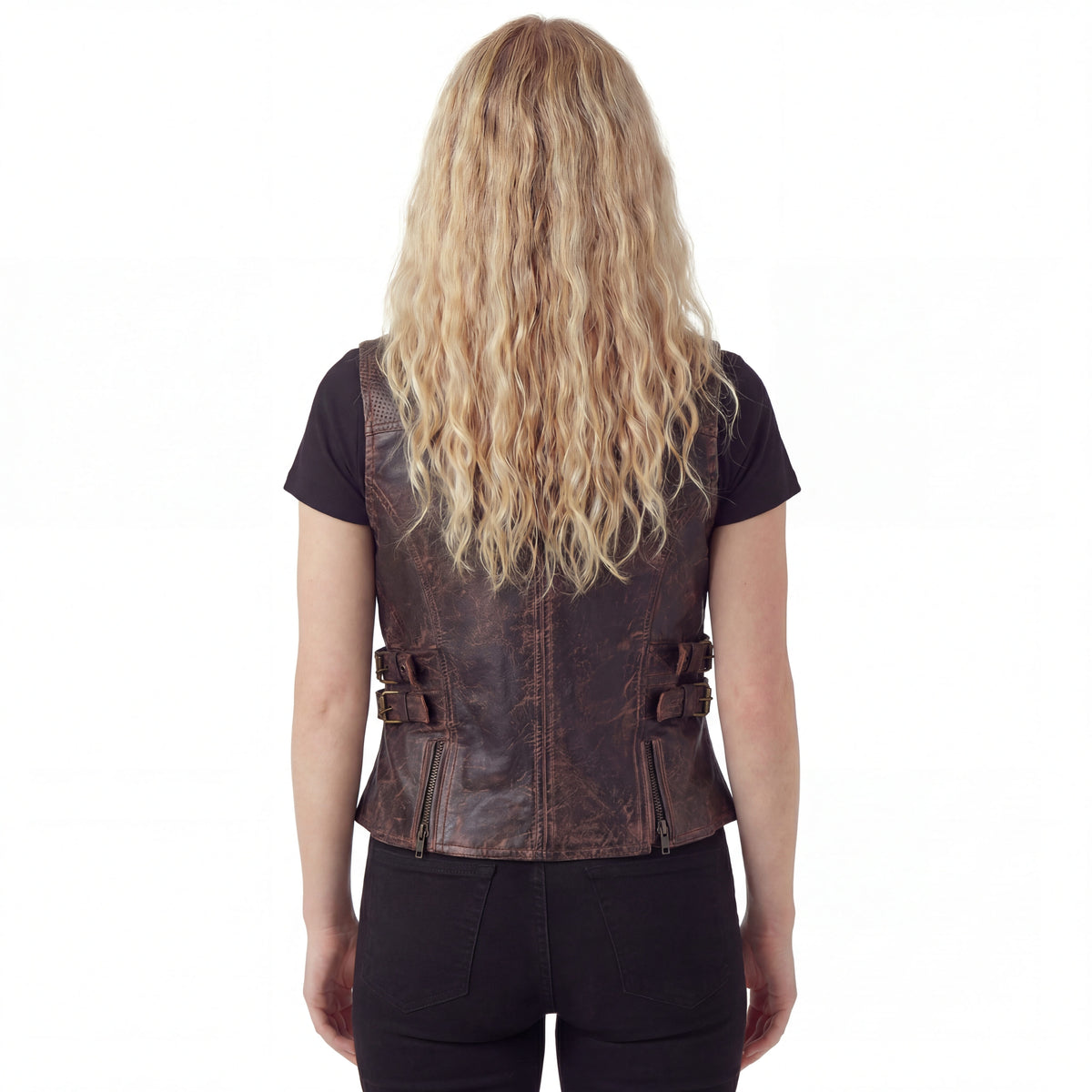 High Mileage Womens Vintage Brown Premium Cowhide Biker Motorcycle Leather Vest With Buckles - back pose