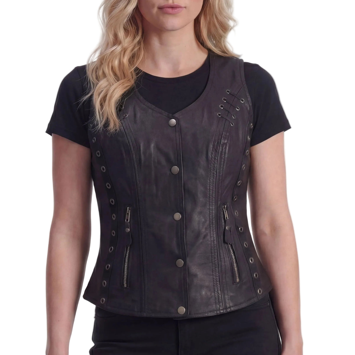 High Mileage Women's Black Premium Soft Goatskin Leather Vest With Twill Lace and Grommet Highlights - front pose