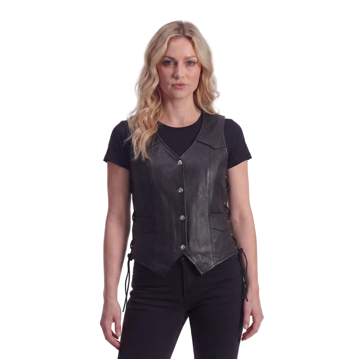 High Mileage Womens Black Premium Cowhide Lace Side Biker Leather Vest