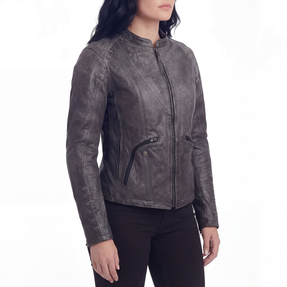 High Mileage Women's Lace and Grommet Detail Distressed Gray Goat Skin Leather Lady Biker Motorcycle Fashion Jacket