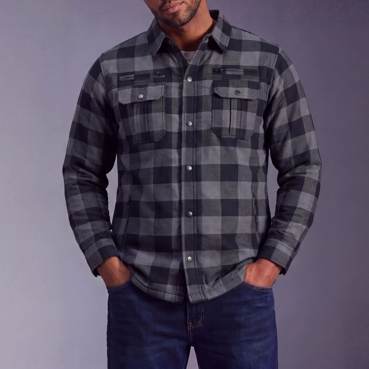 Mens Armored Motorcycle Flannel Shirt, Multiple Waterproof Storage Pockets CE Approved Armor Reinforced by Aramid Fiber - grey front pose