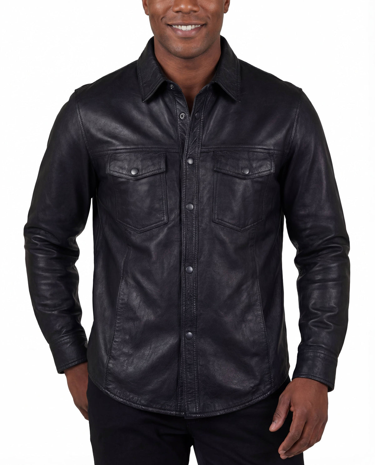 High Mileage Mens Concealed Carry Black Premium Cowhide Biker Motorcycle Leather Shirt - PIc