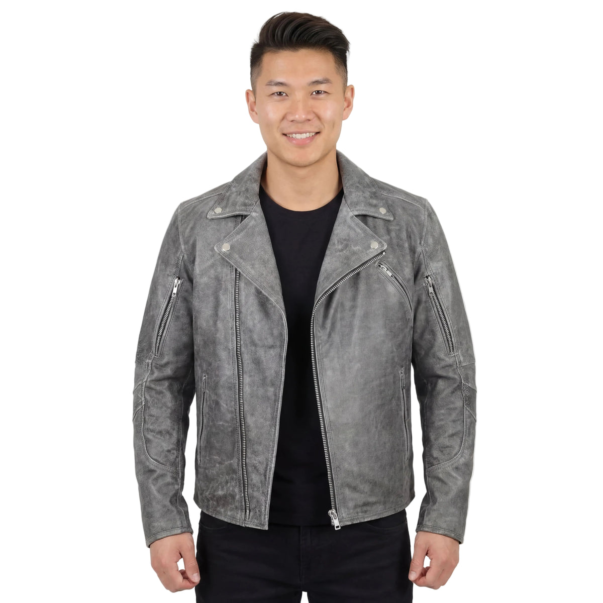 High Mileage Mens Beltless Dual CCW Distressed Gray Premium Cowhide Leather Biker Motorcycle Jacket