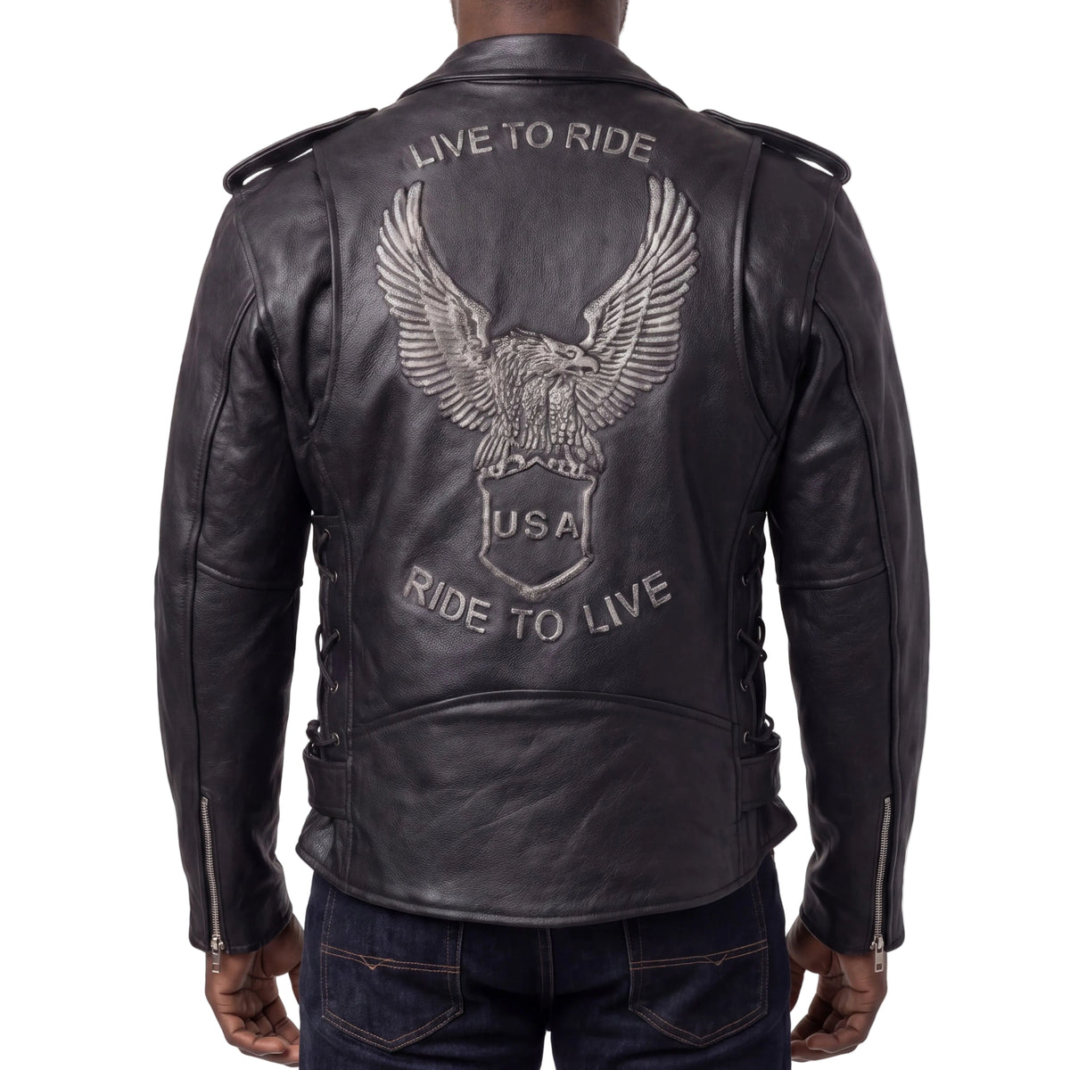 Mens Eagle Embossed Live To Ride - Ride To Live Classic Black Leather Motorcycle Jacket - Silver Back Pose