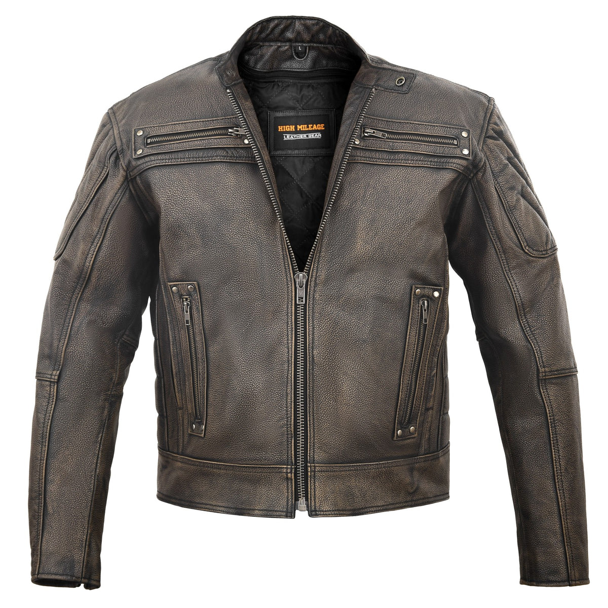 High Mileage Men's Distressed Brown Premium Cowhide Vented and Padded Biker Scooter Jacket