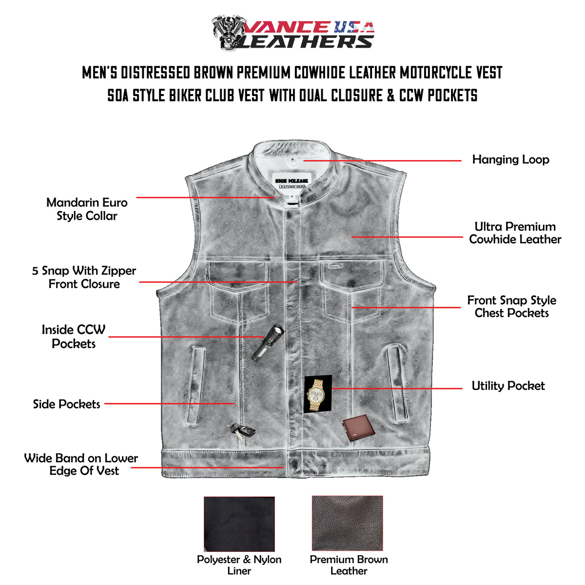 High Mileage Mens Premium Cowhide Distressed Brown SOA Style Biker Club Leather Motorcycle Vest - info graphics