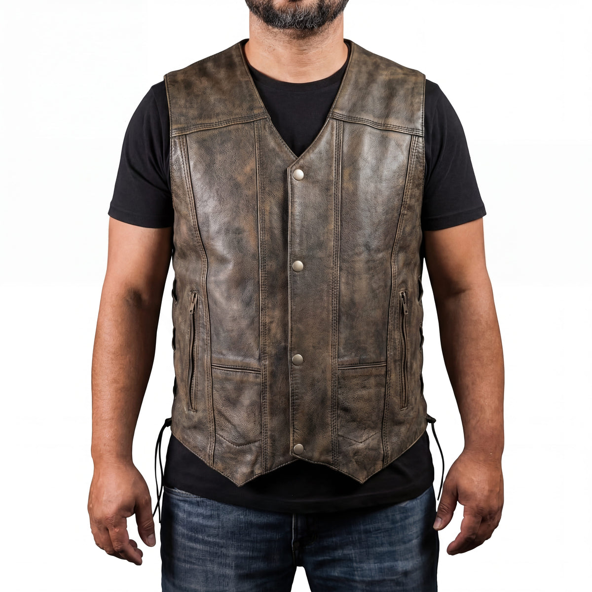 High Mileage Mens Distressed Brown Premium Cowhide Ten Pocket Leather Motorcycle Vest