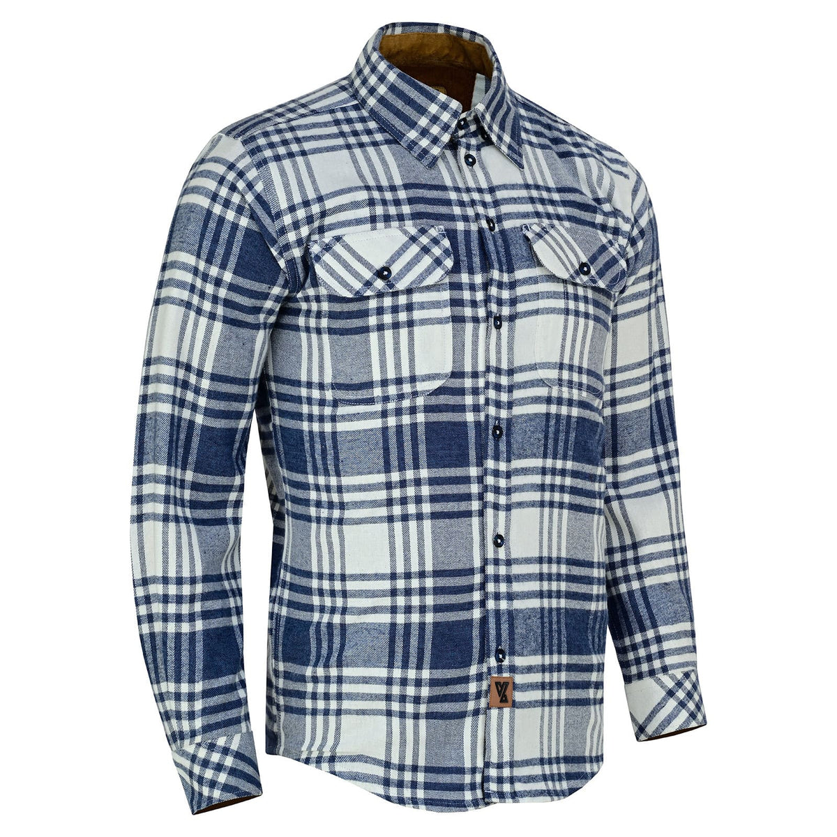 Men's Glacier Blue & White Long Sleeve Plaid Button Down Casual Flannel Shirt - Side Pose