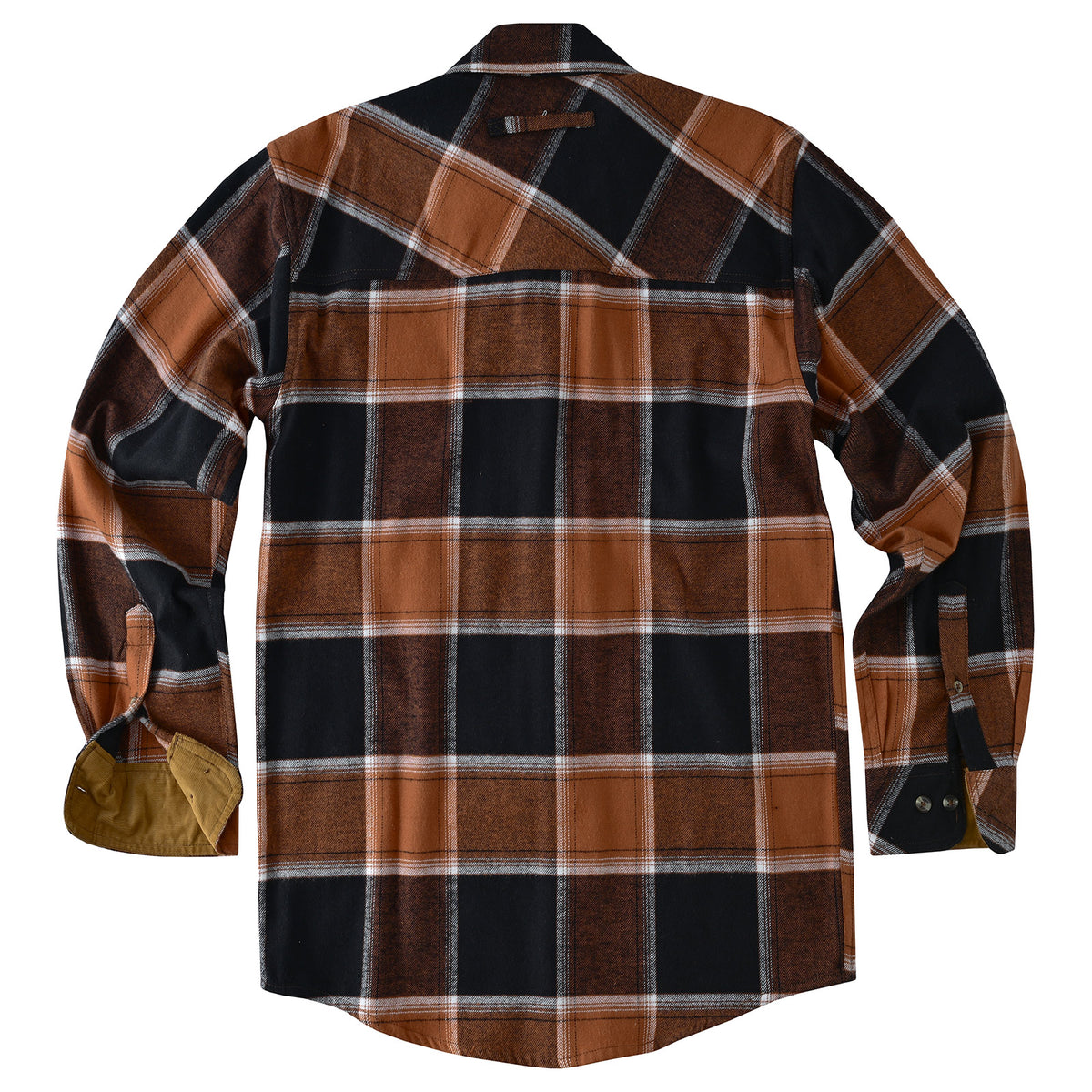 Back flat lay of the Ironwood black-and-rust plaid flannel shirt, showing the diagonal plaid shoulder yoke and curved hem.