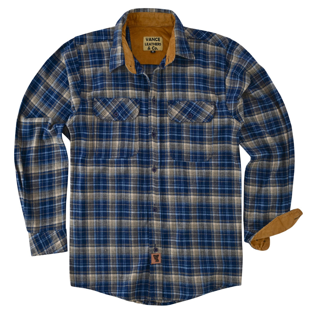 Keen Midnight plaid flannel shirt laid flat, showing chest pockets, tan corduroy collar lining and an open cuff.