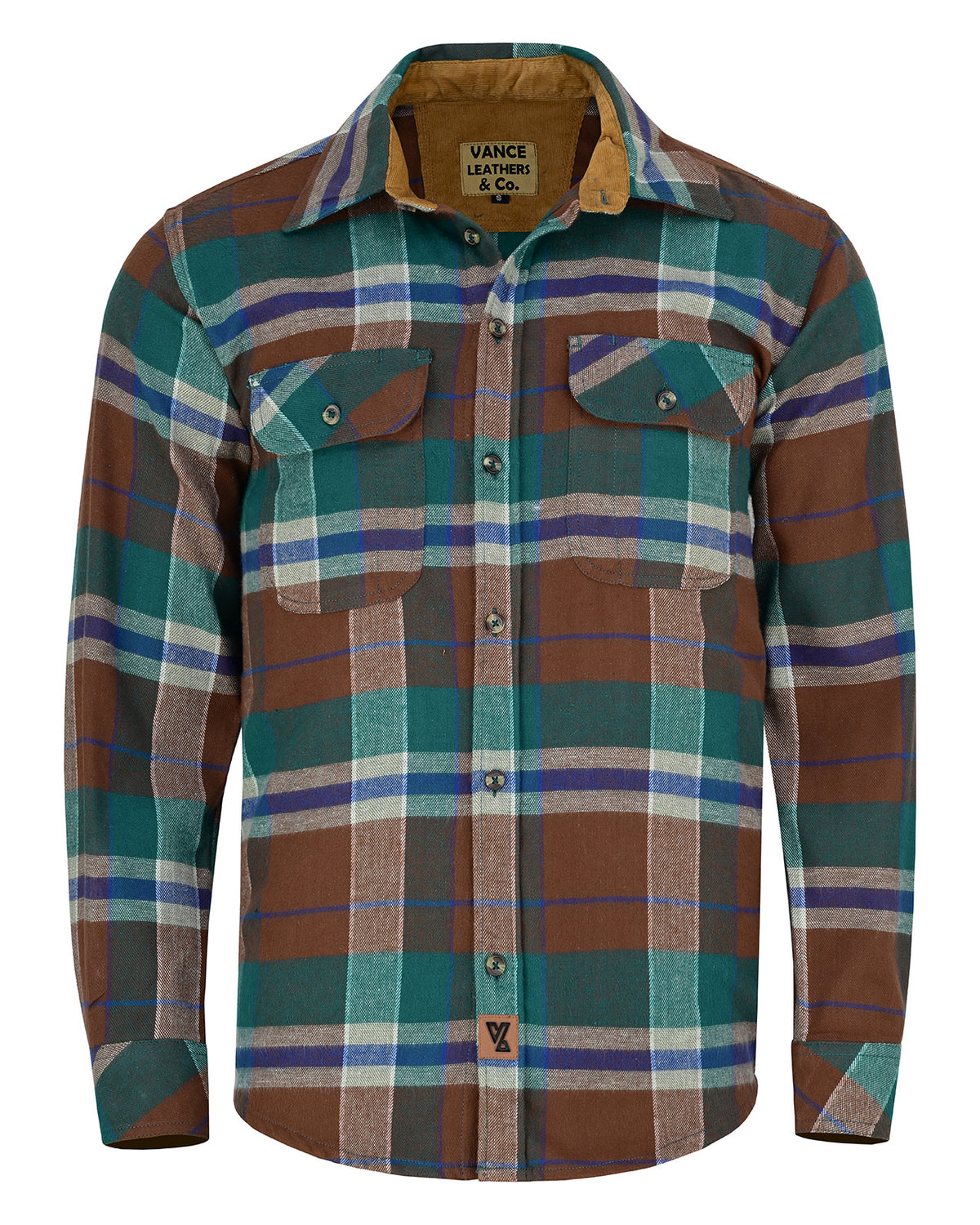 Front view of men's Smoky Mountain green and brown plaid flannel shirt with button closure and long sleeves.