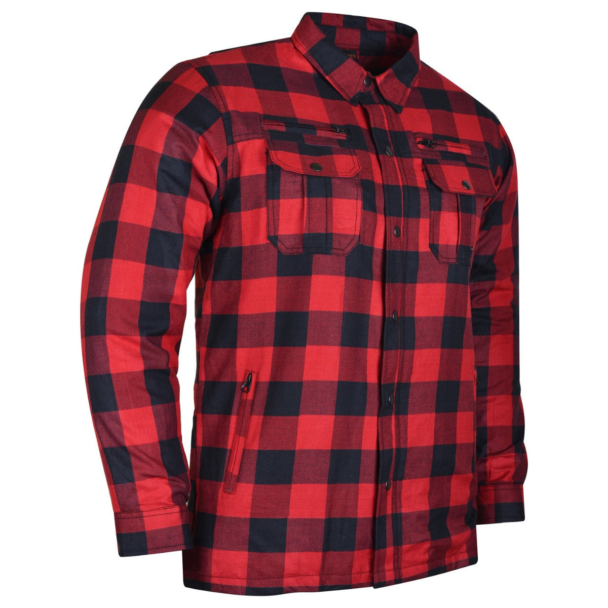 Angled view of a red and black motorcycle riding shirt showing flap chest pockets and zippered waist storage.