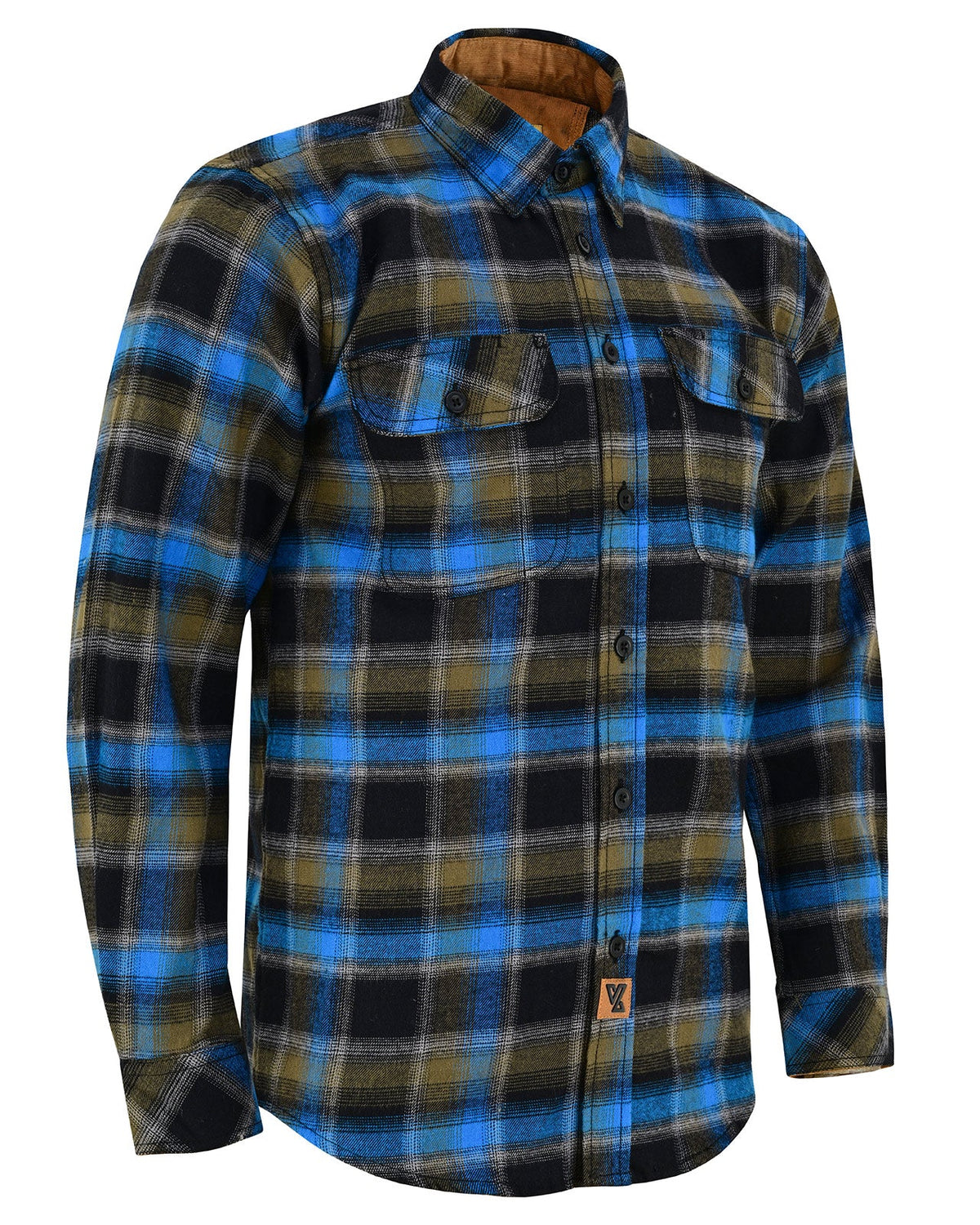 Angled front view of the Plaid River men's brushed cotton flannel shirt with button front and two flap chest pockets.