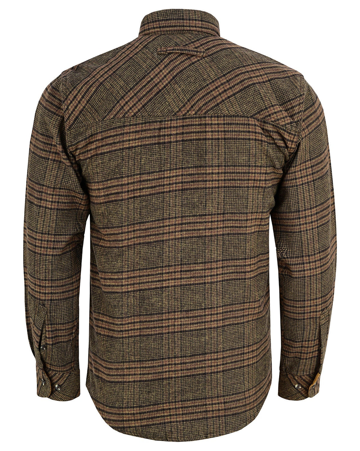 Back view of the Sequoia men's plaid flannel shirt showing the diagonal plaid shoulder yoke and long sleeves.