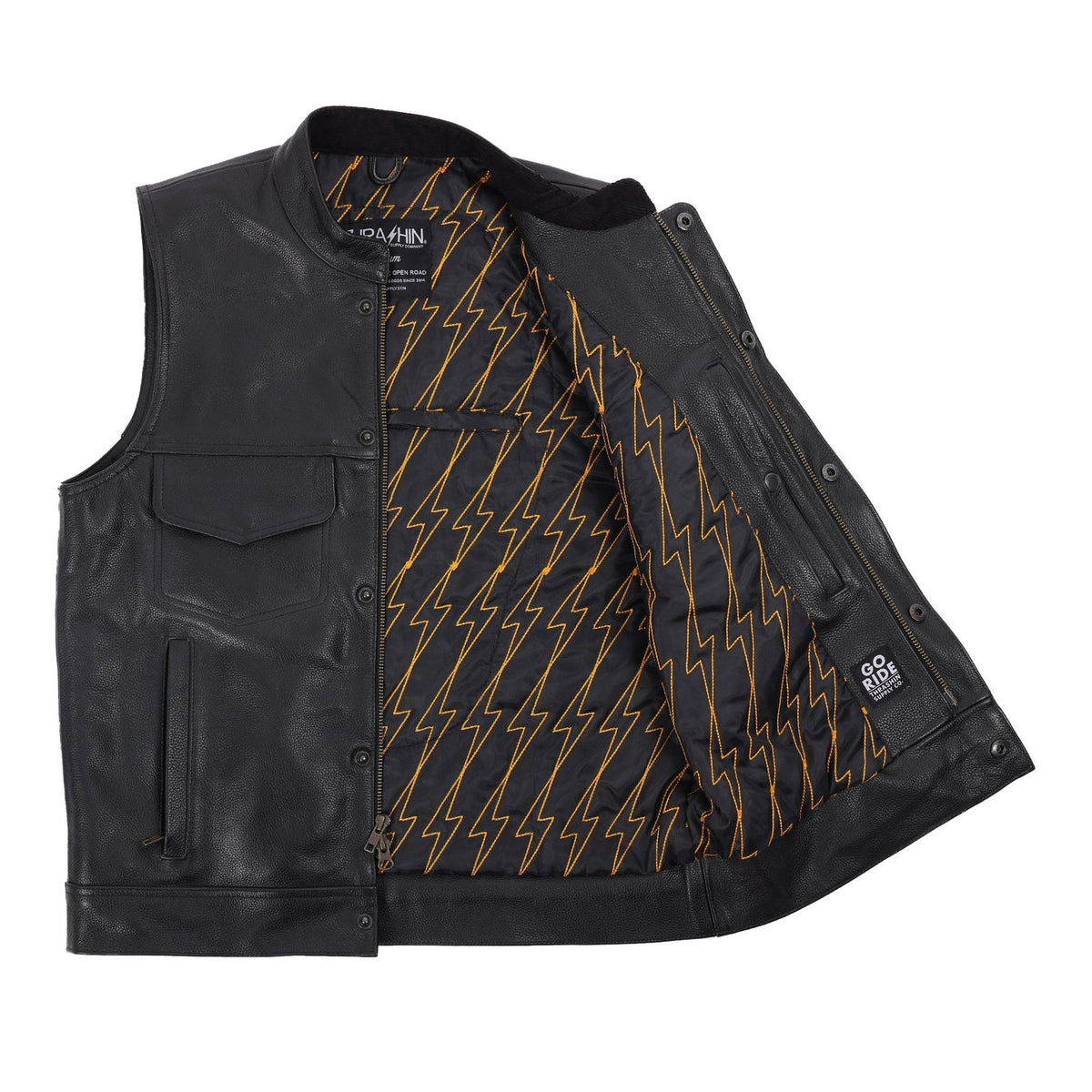 Thrashin Supply Men's Mulholland Leather Motorcycle Riding Vest - Left Inside View