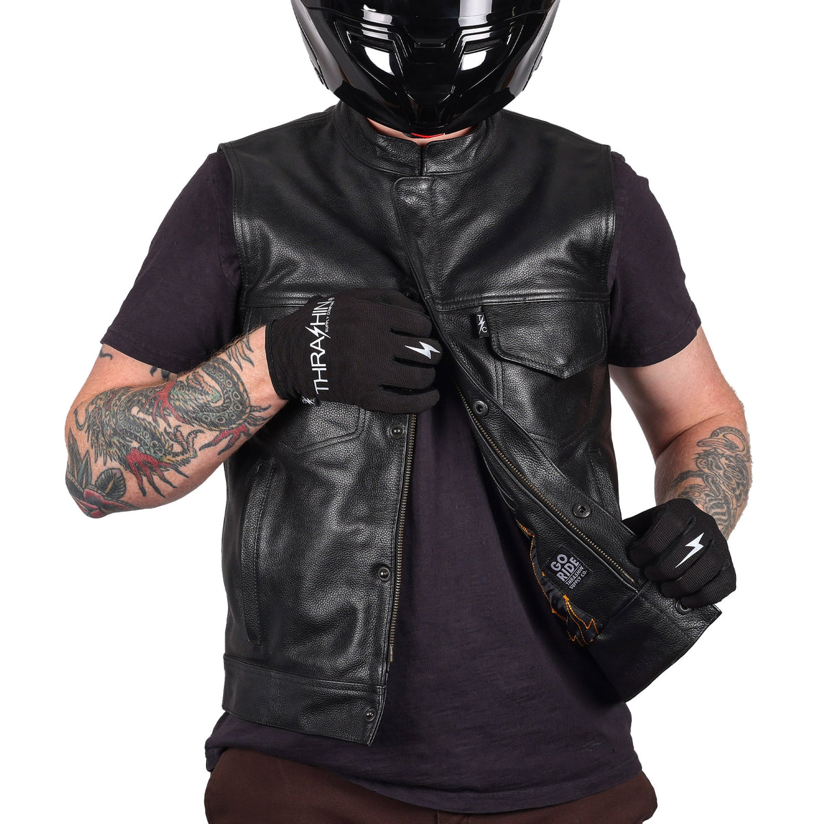 Thrashin Supply Men's Mulholland Leather Motorcycle Riding Vest - Pic 4