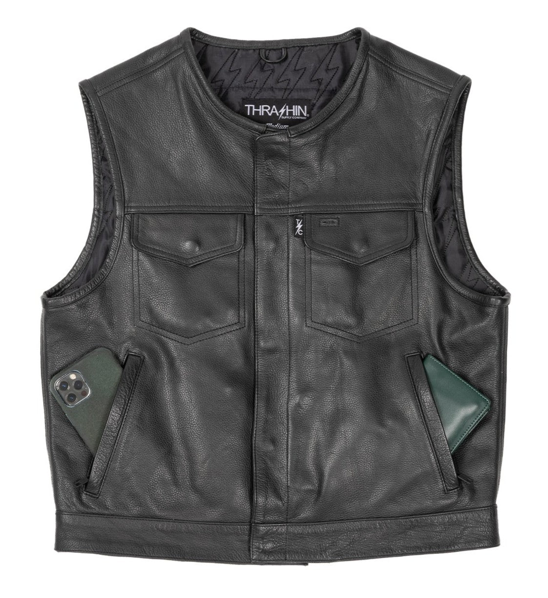 Thrashin Supply Men's Encinal Leather Shorty Motorcycle Riding Vest - Pockets