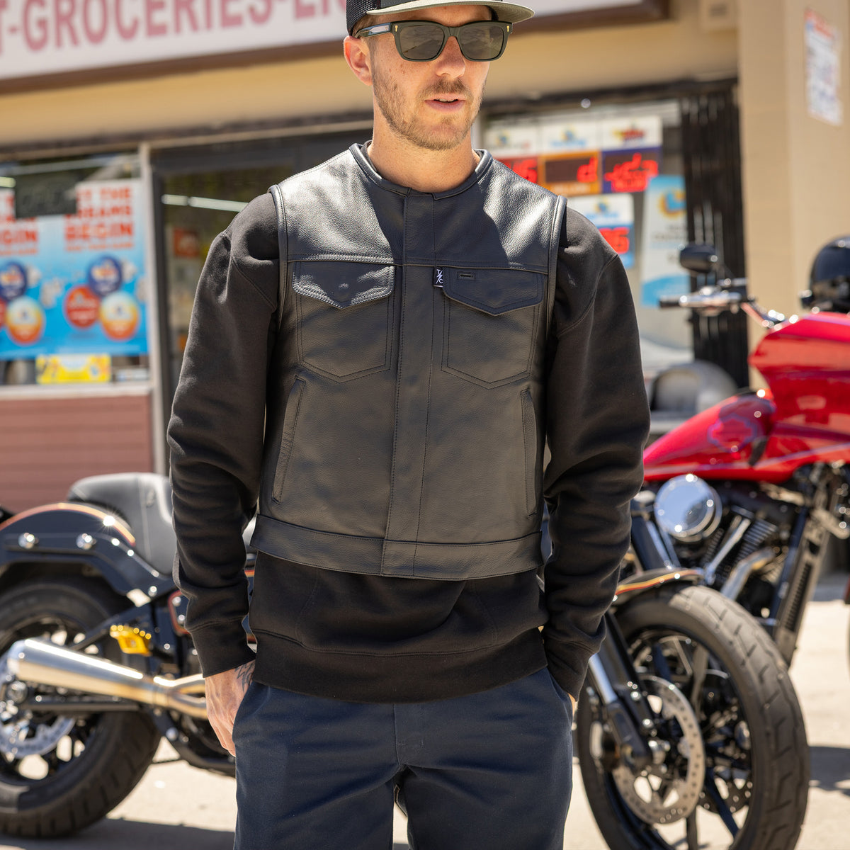 Thrashin Supply Men's Encinal Leather Shorty Motorcycle Riding Vest - Pic 5