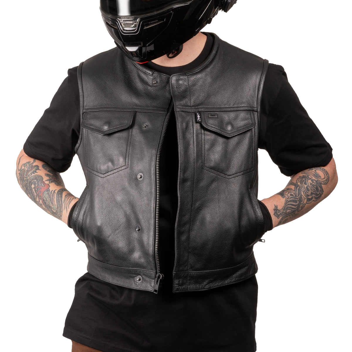 Thrashin Supply Men's Encinal Leather Shorty Motorcycle Riding Vest - Pic 4