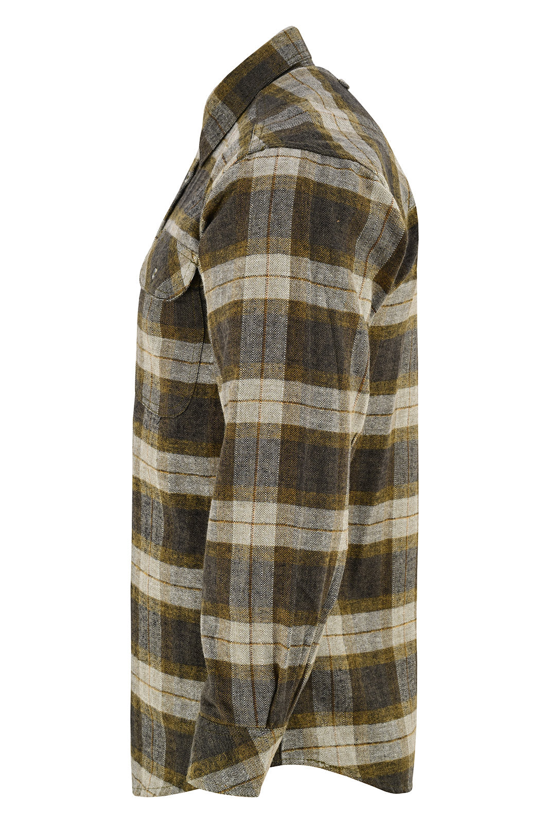 Side profile of the Tuscan Gold men’s long-sleeve plaid flannel shirt showing the sleeve, shoulder seam and curved hem.