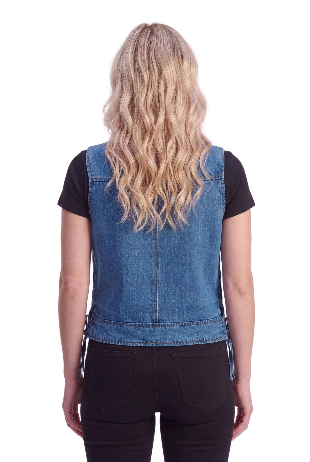 Women's Blue Denim V Neck Vest with Zipper & Side Laces - back pose