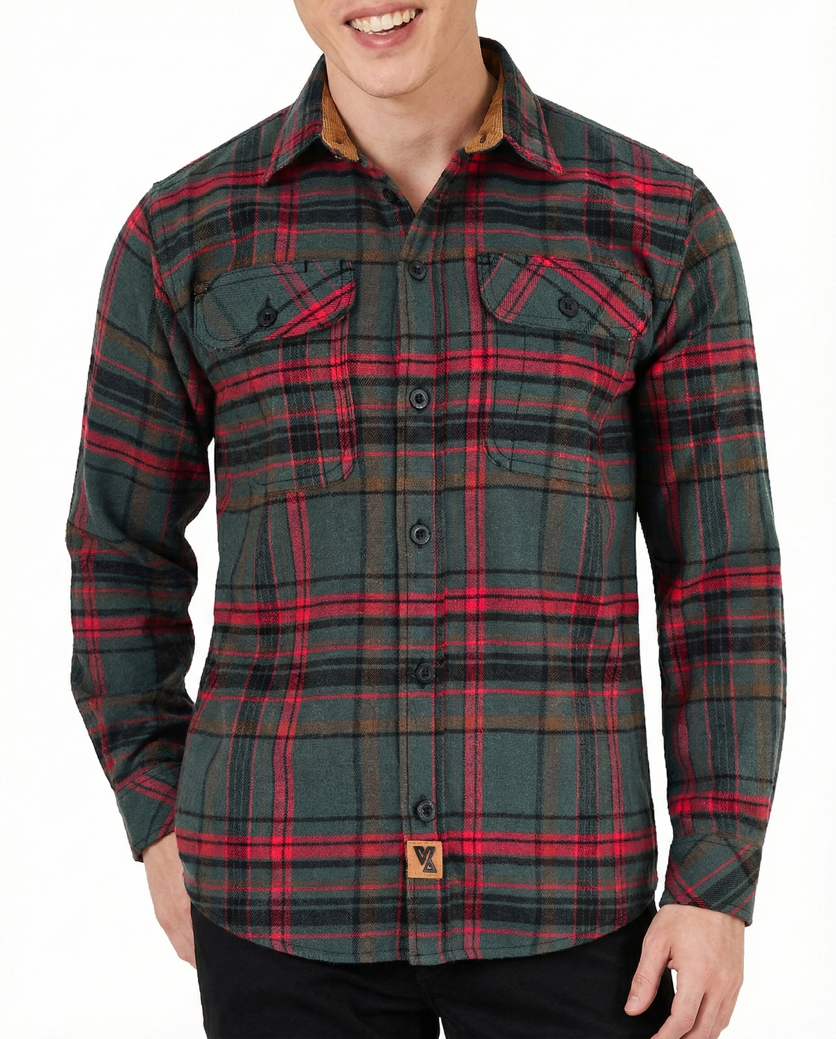 Woodlot Men's Long Sleeve Plaid Button Down Casual Flannel Shirt, Corduroy Cuffs - Pic